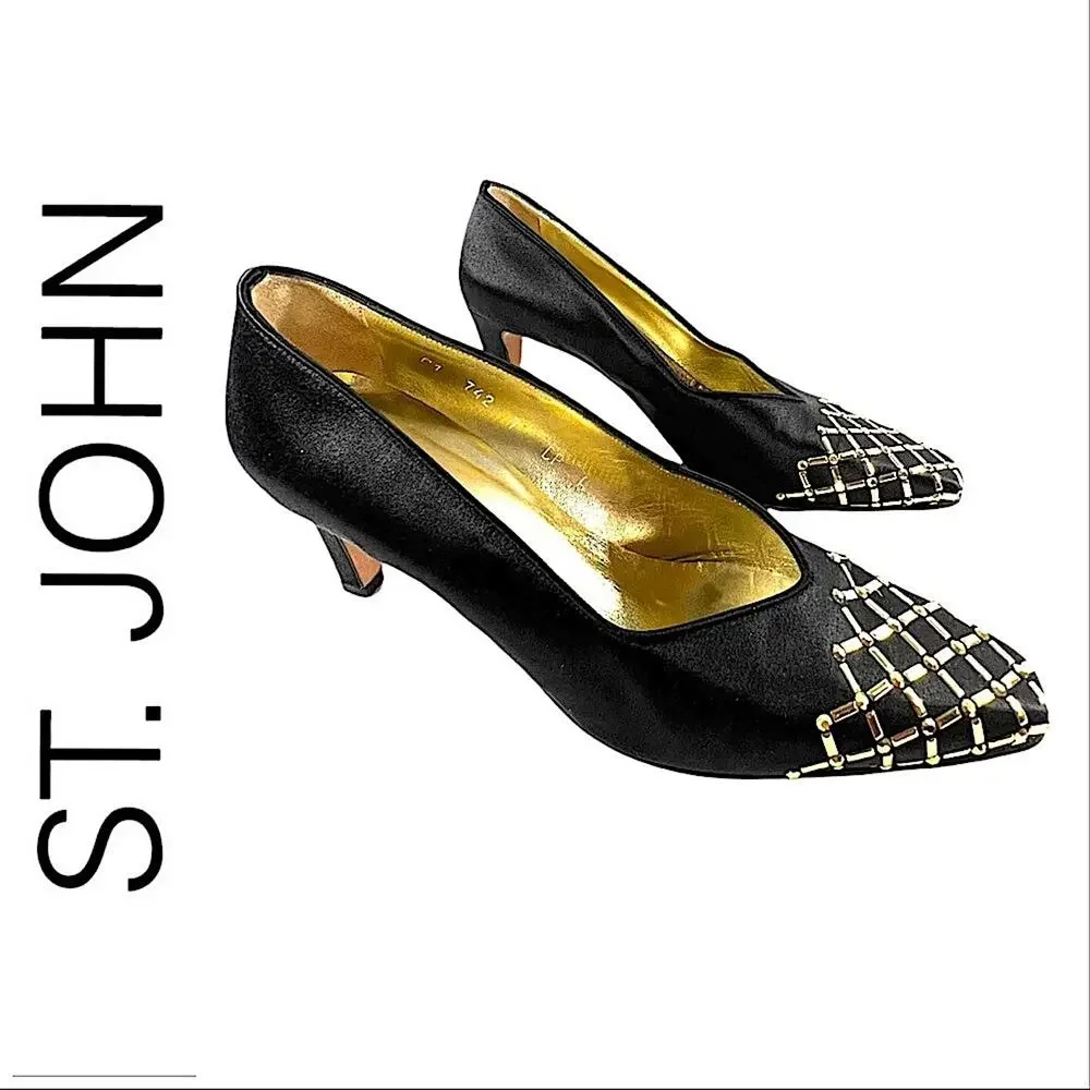 ST JOHN BLACK Vintage Satin Evening Shoes with Gold lattice design on Toe SZ 7